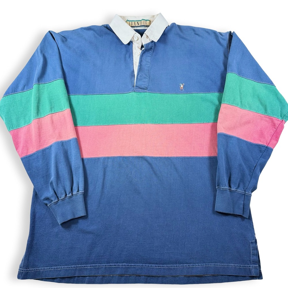 Vintage Ivanhoe Mens Rugby Shirt Blue Colorblock Cotton Long Sleeve XL